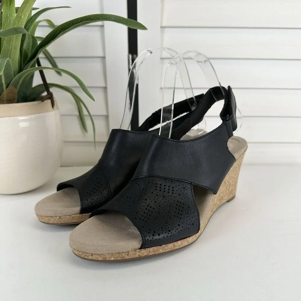 Clarks Lafley Joy Black Lasercut Cork Wedge Heel Sandal Comfort Shoe Size 9 M